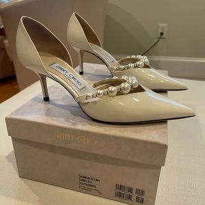 Jimmy Choo Aurelie 65 Patent Leather Pearl Pointed Pumps White, size 38.5 / 8.5